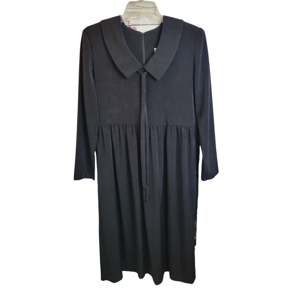EJM Black Collared Tie Neck‎ & Waist Long Sleeve Midi Dress Women's Size 10P